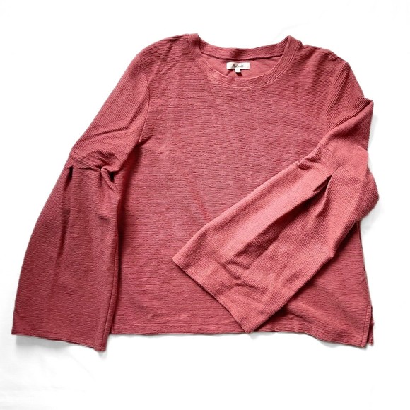 MADEWELL Sweater Ribbed Salmon Mauve Round Neckline Bell Balloon Sleeve Sz XL - Picture 3 of 7
